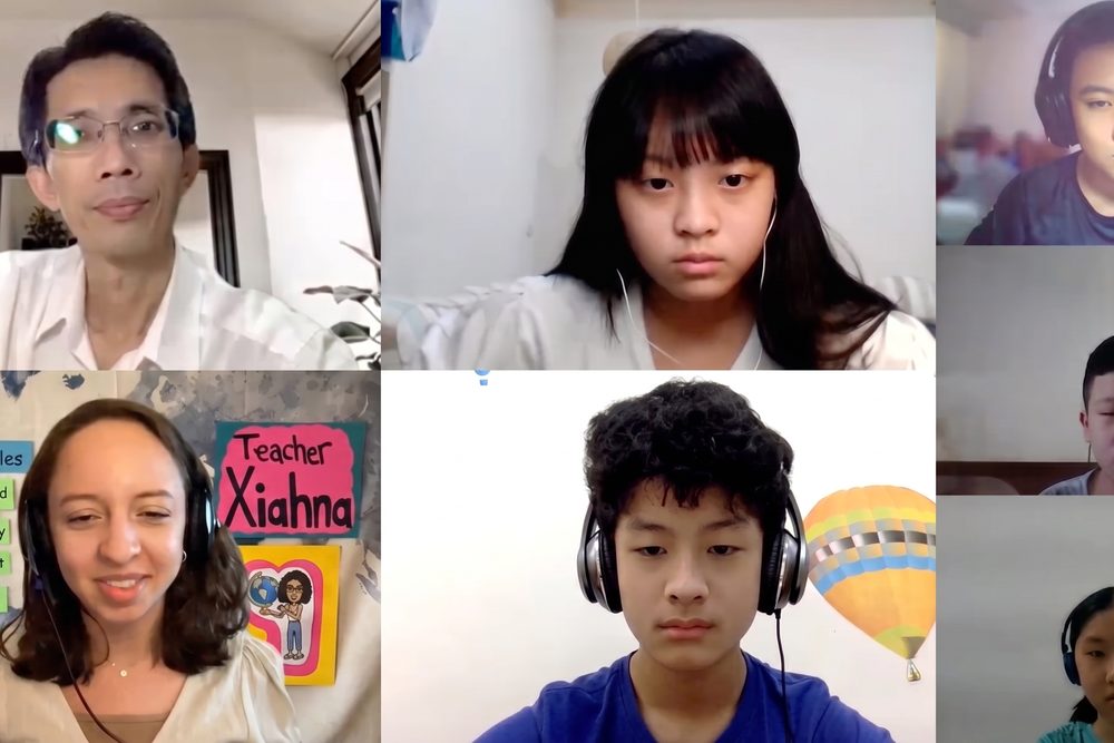 Online English class on a video call with a teacher and several students